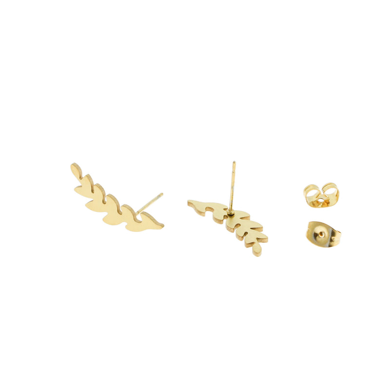 Gold Stainless Steel Earrings - Leaf Studs - 20mm x 5mm - 2 Pieces 1 Pair - ER058