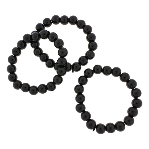 Round Glass Bead Bracelets - 42mm - Polished Black - 5 Bracelets - BB046