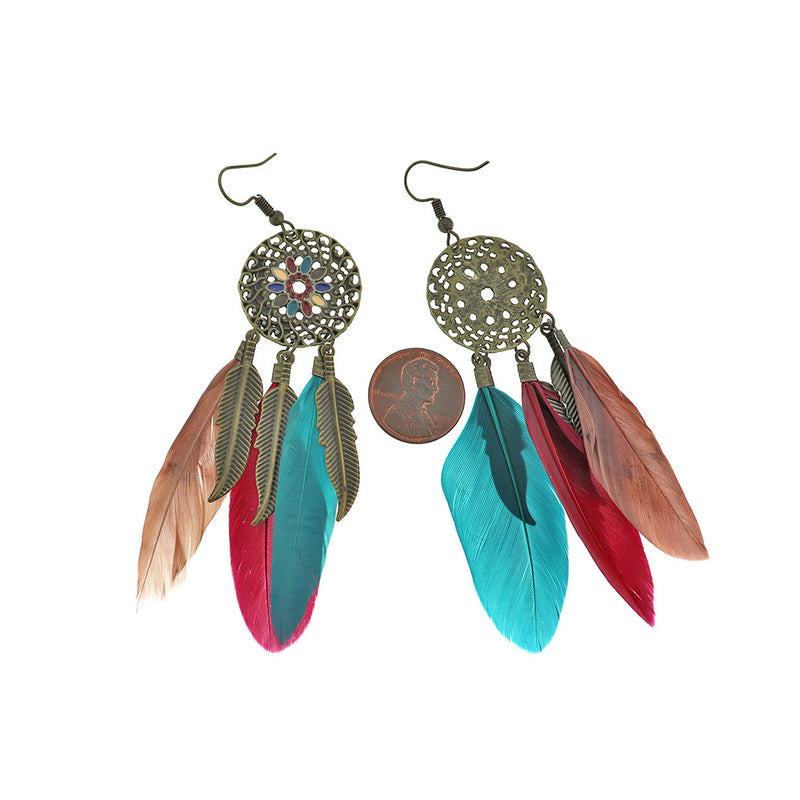 2 Feather Dreamcatcher Earrings - French Hook Style - 1 Pair - Z1225