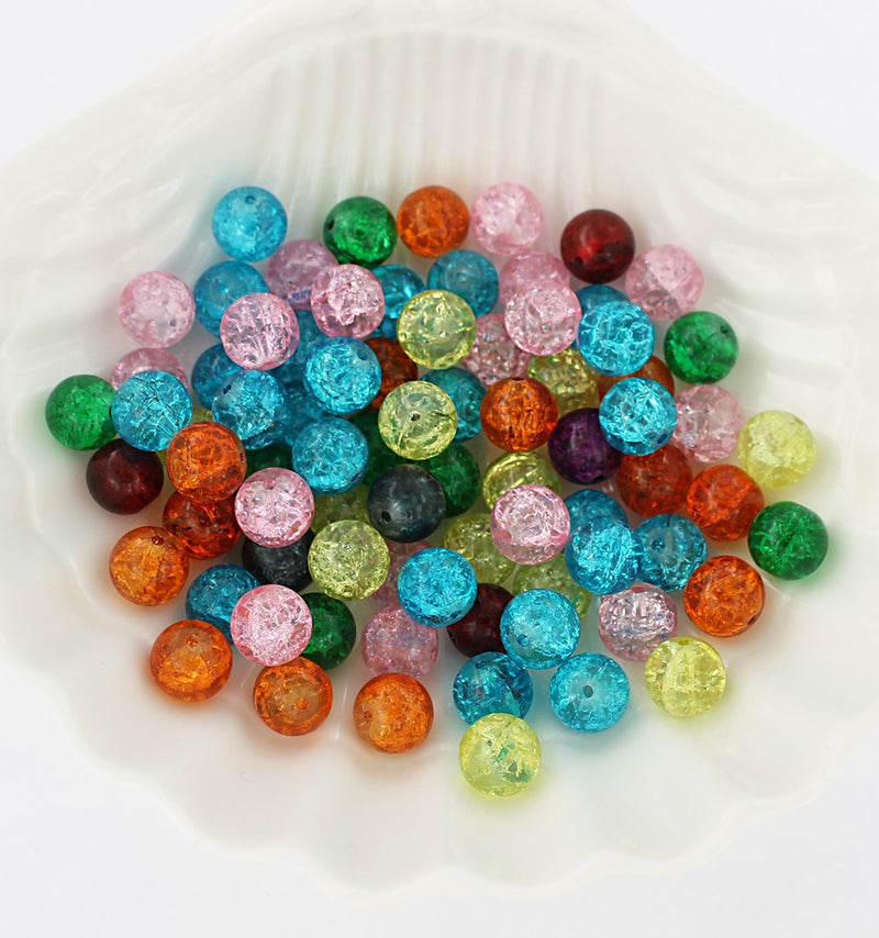 Round Glass Beads 10mm - Assorted Rainbow Crackle - 100 Beads - BD086