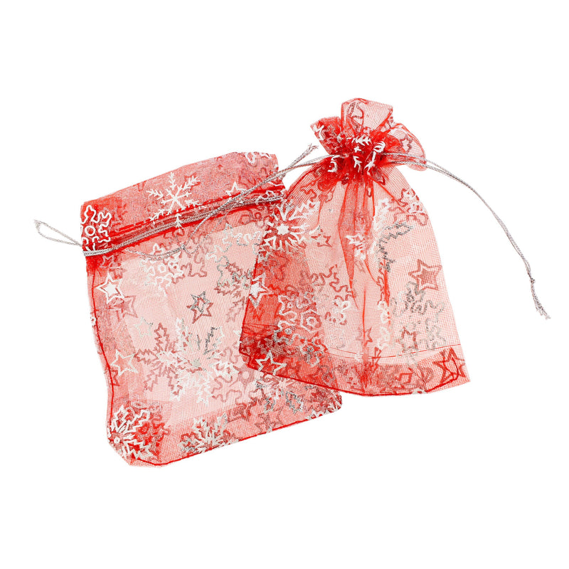 10 Red Snowflake Organza Drawstring Bags 12cm x 10cm - TL213