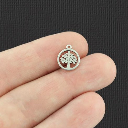 10 Tree of Life Silver Tone Stainless Steel Charms 2 Sided - SSP216