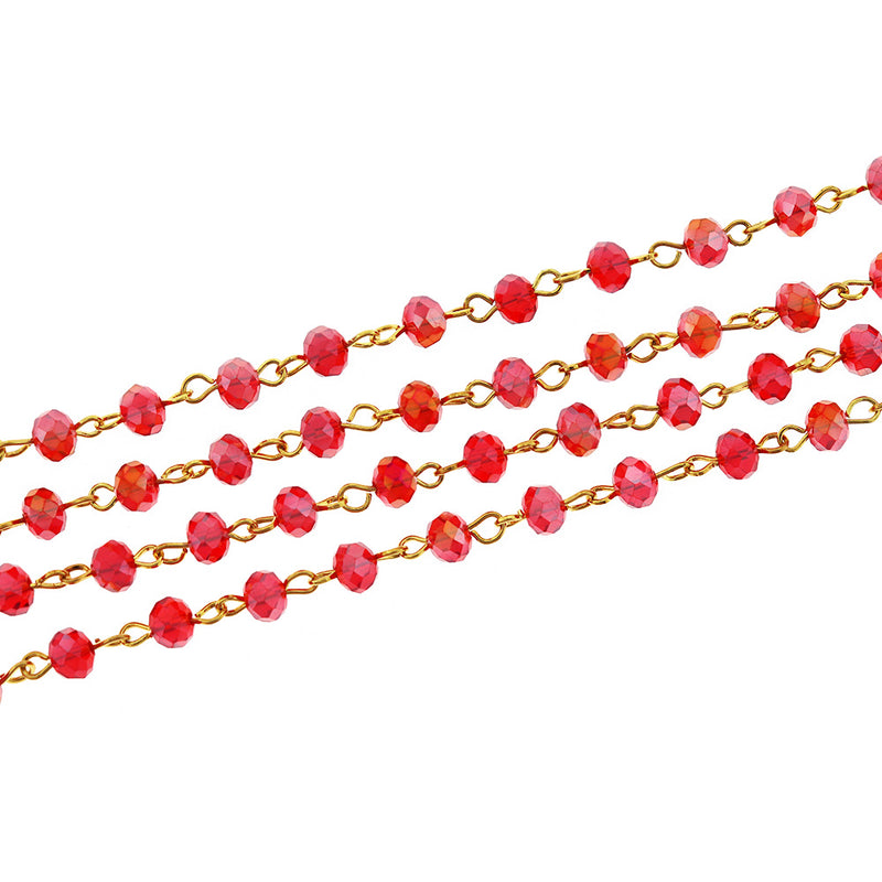 BULK Beaded Rosary Chain - 6mm Rondelle Red Glass & Gold Tone - 3.3ft or 1m - RC044