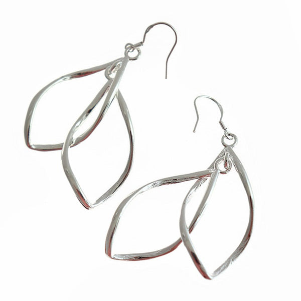 Geometric Brass Dangle Earrings - Silver Tone French Hook Style - 2 Pieces 1 Pair - ER580