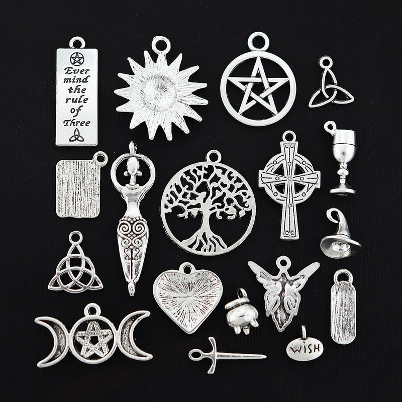 Wiccan Charm Collection Antique Silver Tone 18 Different Charms - COL016