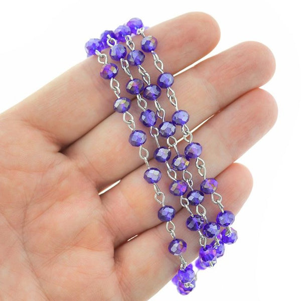 BULK Beaded Rosary Chain - 6mm Rondelle Electroplated Purple Glass & Silver Tone - 3.3ft or 1m - RC047