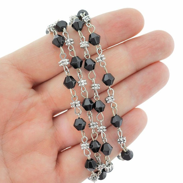 BULK Beaded Rosary Chain - 6mm Bicone Black Glass & Antique Silver Tone - 3.3ft or 1m - RC034