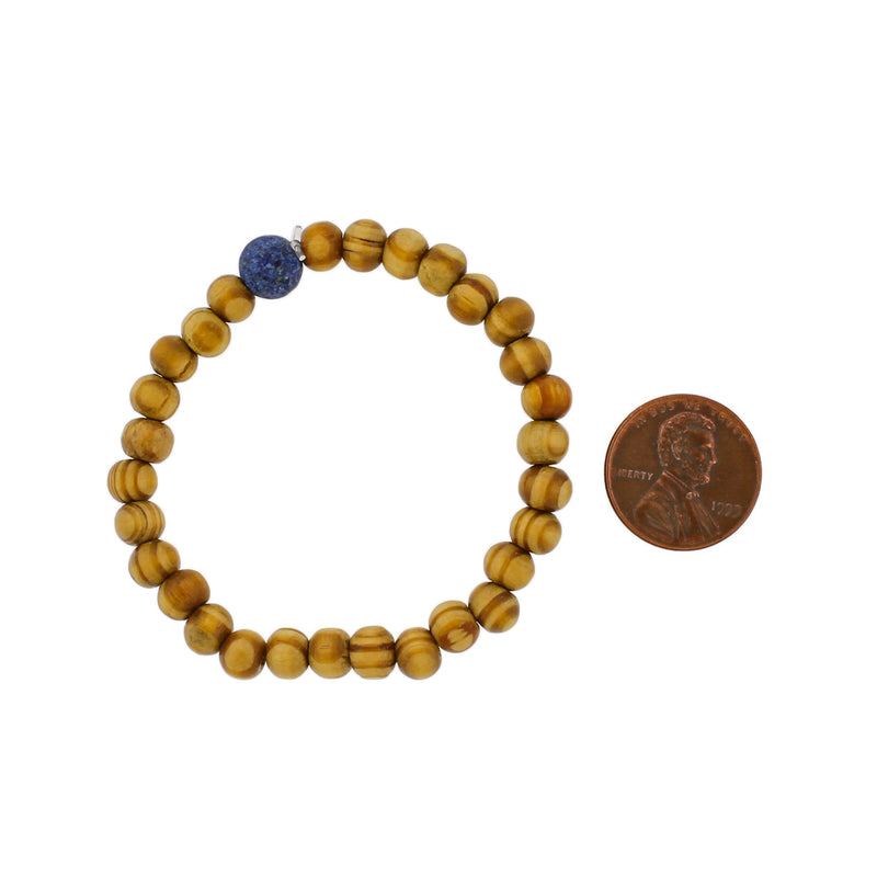 Round Wooden Bead Bracelets 50mm - Brown with Gemstone Accent Bead - 4 Bracelets - BB178