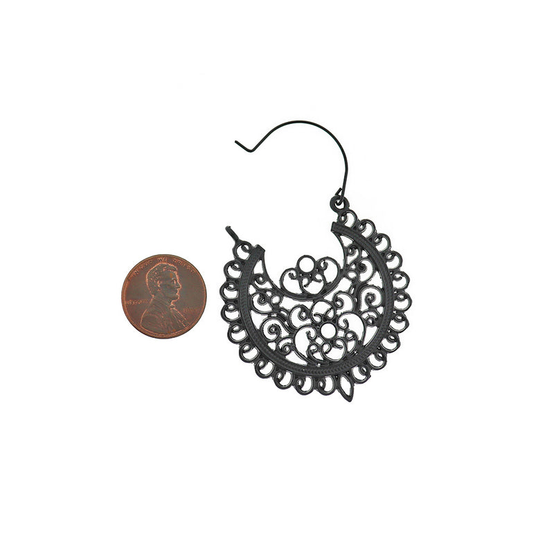 Black Filigree Earrings - Lever Hook Style - 53mm x 41mm - 2 Pieces 1 Pair - FD897