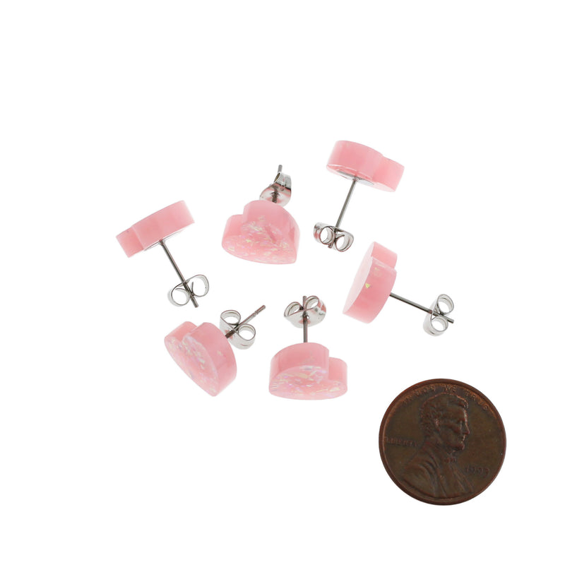 Resin Stainless Steel Earrings - Pink Heart Studs - 12mm - 2 Pieces 1 Pair - ER361