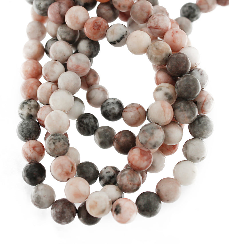 Round Natural Zebra Jasper Beads 6mm - Grey and Pink Marble - 1 Strand 63 Beads - BD1681