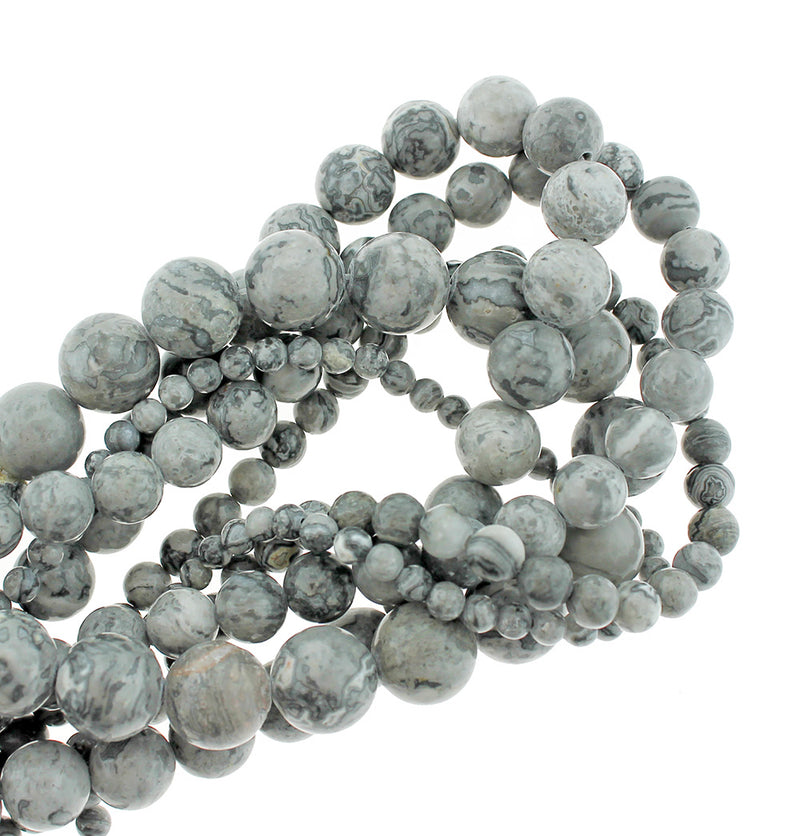 Round Natural Picasso Jasper Beads 4mm - 12mm - Choose Your Size - Stormy Grey Tones - 1 Full 15" Strand - BD1848