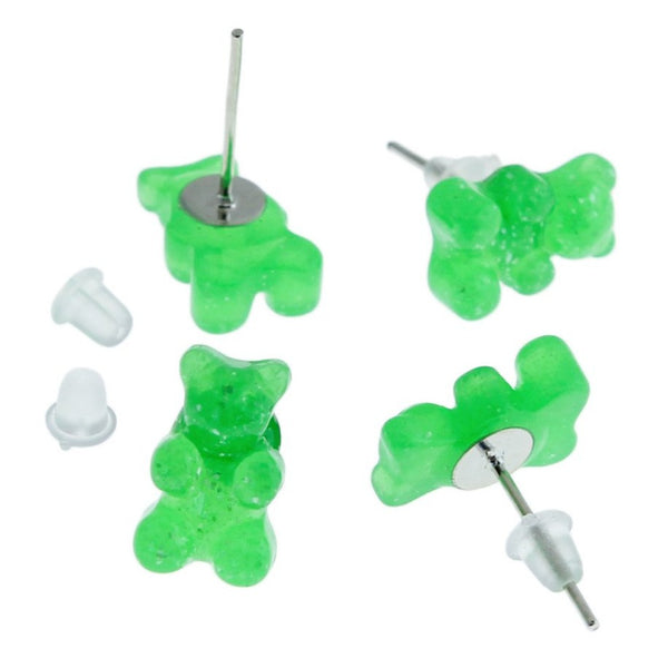 Resin Earrings - Green Candy Bear Studs - 12mm x 8mm - 2 Pieces 1 Pair - ER384