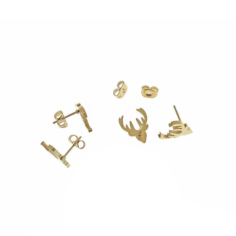 Gold Stainless Steel Earrings - Reindeer Studs - 13mm x 11mm - 2 Pieces 1 Pair - ER493