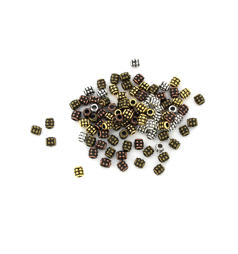 Tube Spacer Beads 4mm - Assorted Antique Silver, Bronze, Copper and Gold Tones - 100 Beads - SC7996