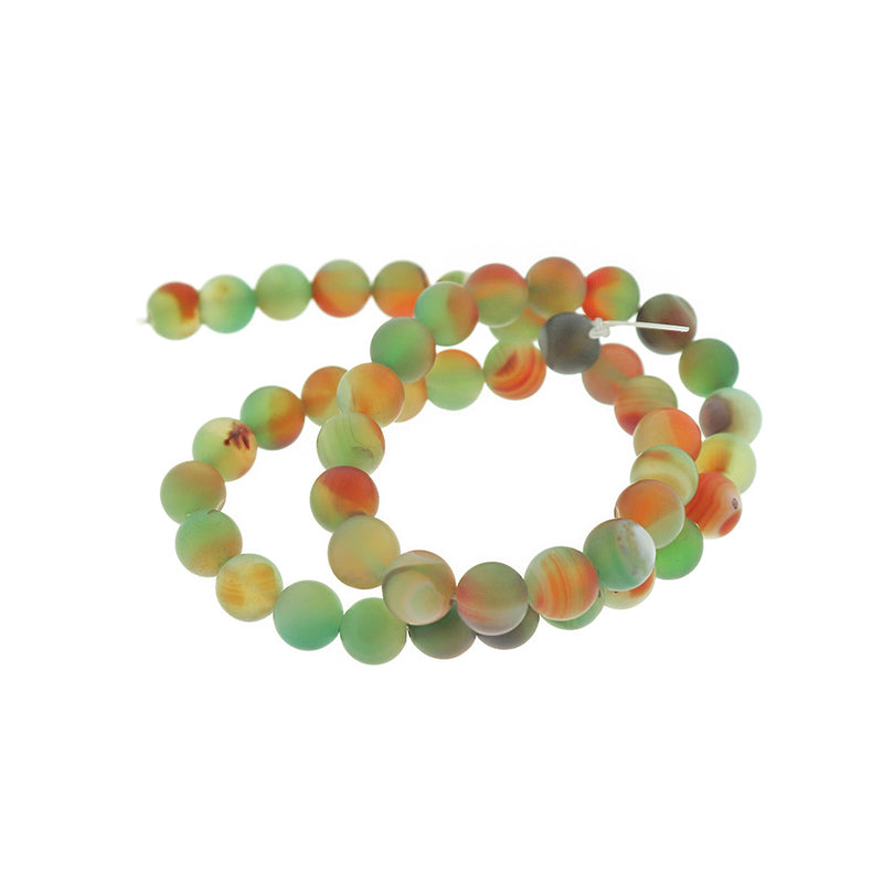 Round Natural Agate Beads 6mm -10mm - Choose Your Size - Frosted Peacock Green and Orange - 1 Full 14.96" Strand - BD2544