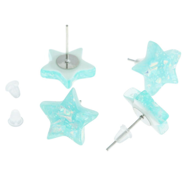 Resin Earrings - Blue Sequin Star Studs - 14mm - 2 Pieces 1 Pair - ER382