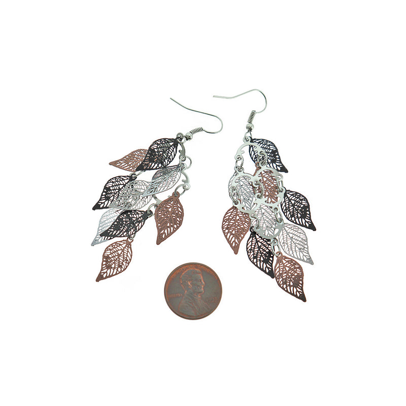 Black Silver Filigree Leaf Dangle Earrings - French Hook Style - 81mm - 2 Pieces 1 Pair - Z1303