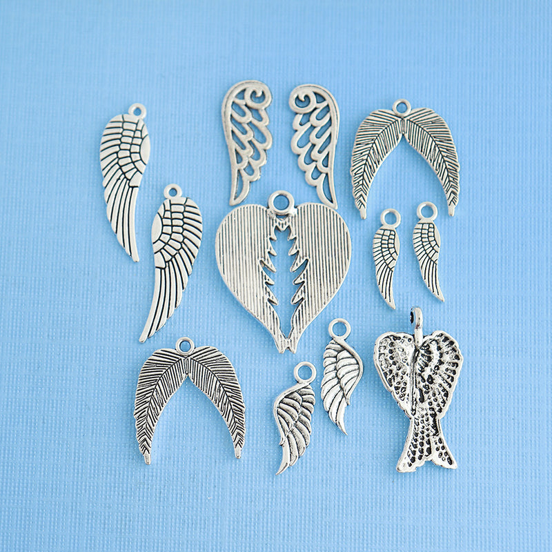 Wings Charm Collection Antique Silver Tone 12 Charms - COL278