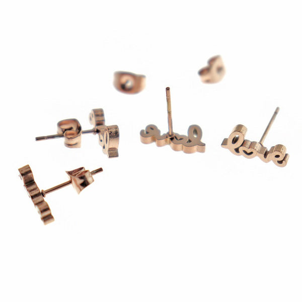 Rose Gold Stainless Steel Earrings - Love Studs - 12mm x 5.5mm - 2 Pieces 1 Pair - ER535