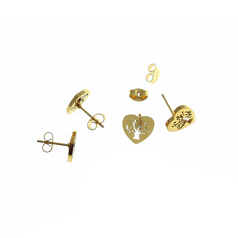 Gold Stainless Steel Earrings - Heart Tree of Life Studs - 11mm x 10mm - 2 Pieces 1 Pair - ER527