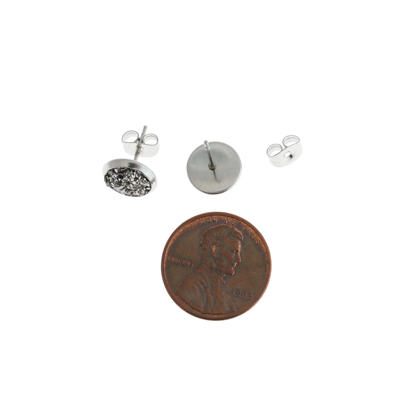 Silver Druzy Earrings - Stainless Steel Stud - 8mm - 2 Pieces 1 Pair - ER215