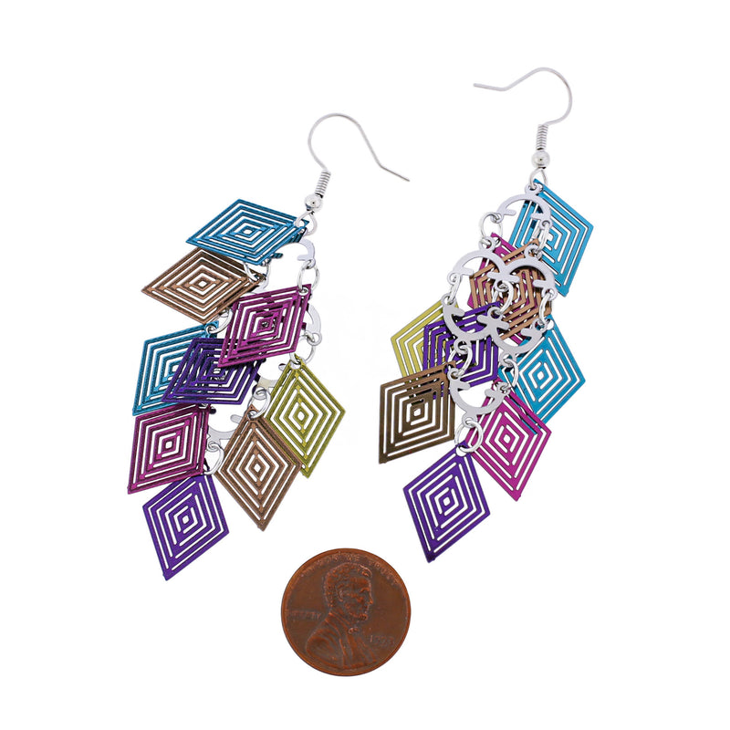 Rainbow Geometric Dangle Earrings - Stainless Steel French Hook Style - 2 Pieces 1 Pair - ER616