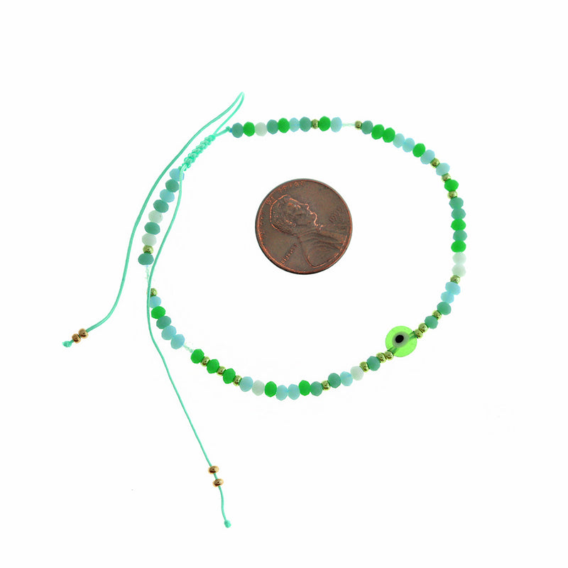 Green Nylon Cord Adjustable Connector Bracelet Base With Evil Eye 3-7.5"- 4mm - 1 Bracelet - N811