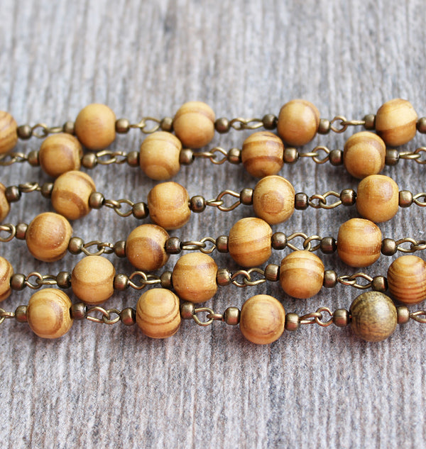 BULK Beaded Rosary Chain - 7mm Natural Wood & Antique Bronze Tone Brass - 3.3ft or 1m - N506