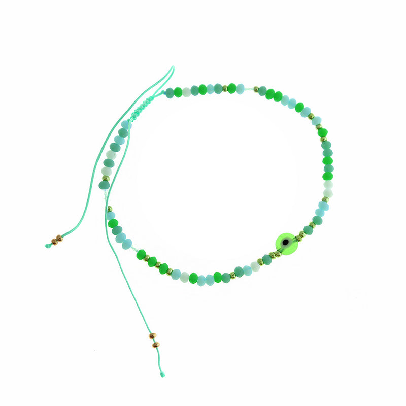 Green Nylon Cord Adjustable Connector Bracelet Base With Evil Eye 3-7.5"- 4mm - 1 Bracelet - N811