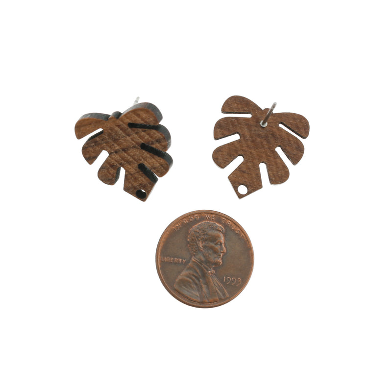 Wood Stainless Steel Earrings - Tropical Leaf Studs - 20mm x 18mm - 2 Pieces 1 Pair - ER123