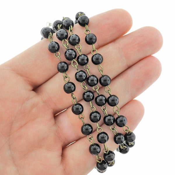 BULK Beaded Rosary Chain - 6mm Black Pearl Glass & Antique Bronze Tone - 3.3ft or 1m - RC037