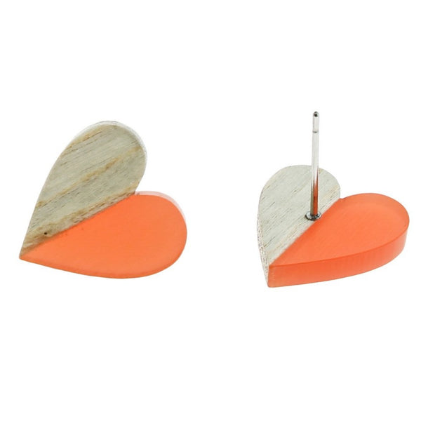 Wood Stainless Steel Earrings - Orange Resin Heart Studs - 15mm x 14mm - 2 Pieces 1 Pair - ER132