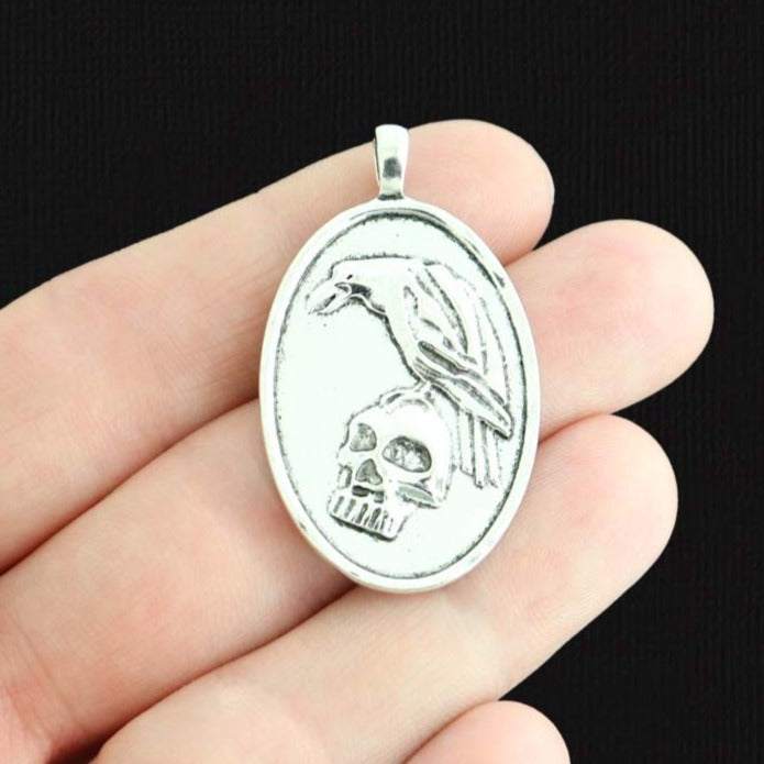 2 Skull with Bird Antique Silver Tone Charms - SC2670