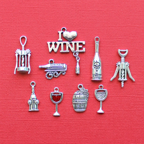 Wine Charm Collection Antique Silver Tone 9 Different Charms - COL015