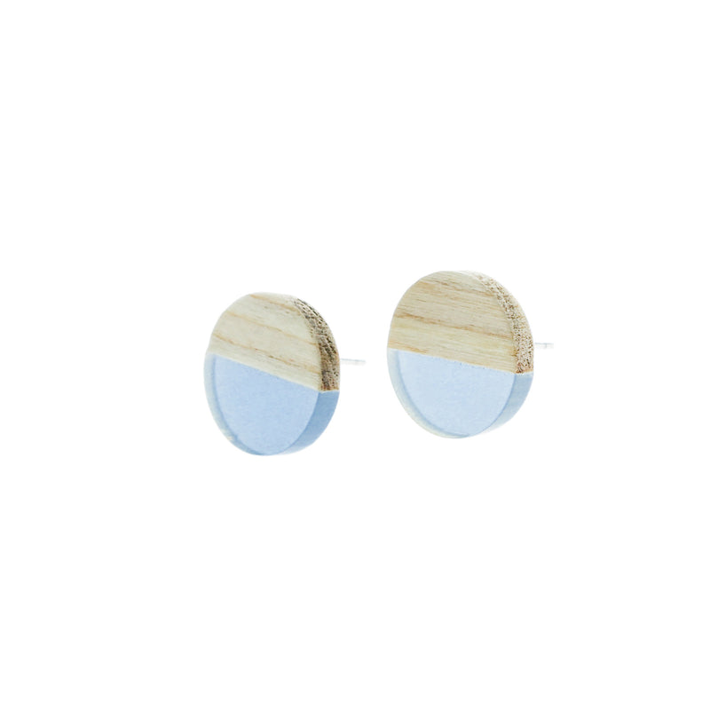 Wood Stainless Steel Earrings - Light Blue Resin Round Studs - 15mm - 2 Pieces 1 Pair - ER108