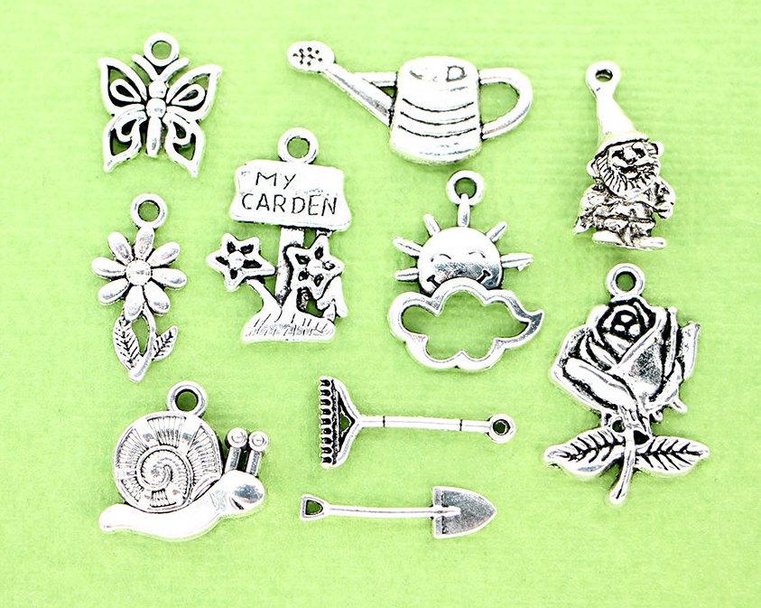 Gardening Charm Collection Antique Silver Tone 10 Different Charms - C