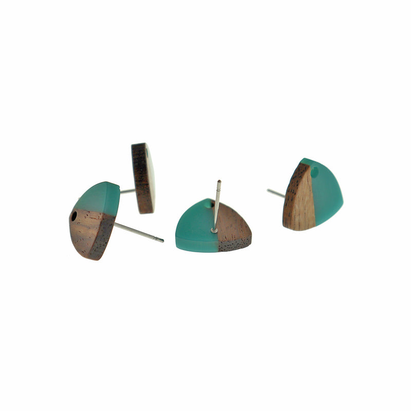 Wood Stainless Steel Earrings - Teal Resin Triangle Studs - 14mm x 13mm - 2 Pieces 1 Pair - ER675