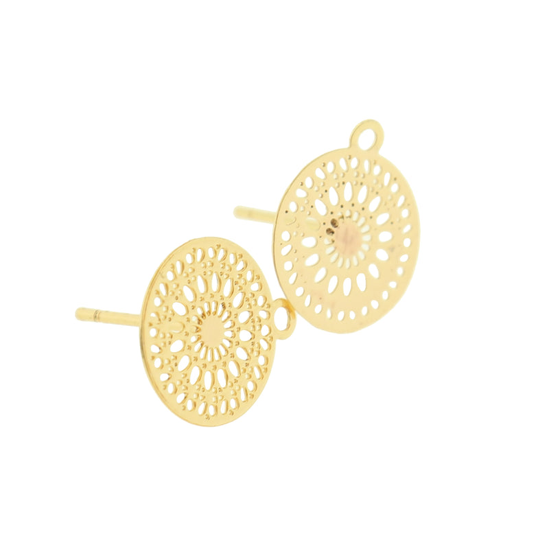 Gold Tone Earrings - Mandala Stud Bases - 14mm x 12mm - 2 Pieces 1 Pair - FD023