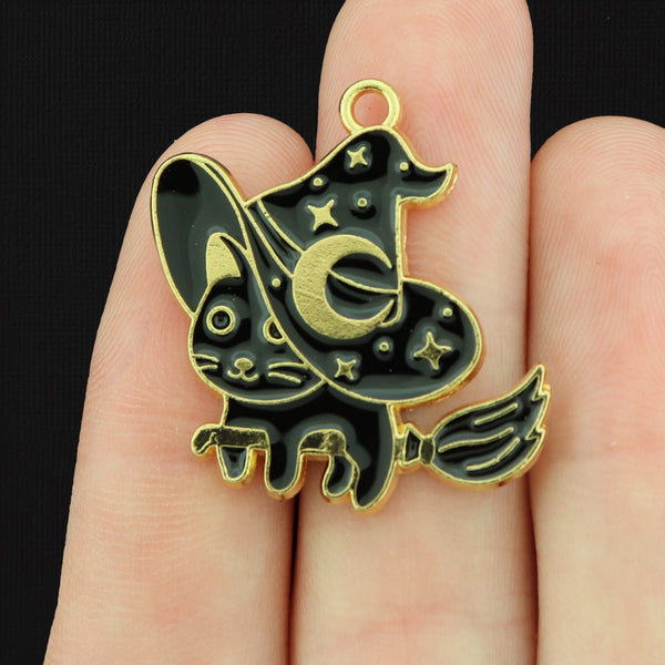 2 Witch Black Cat Gold Tone Enamel Charms - E197