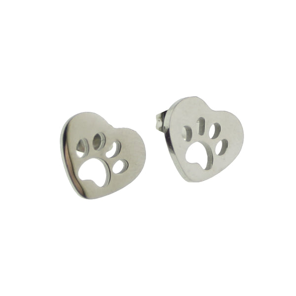 Stainless Steel Earrings - Heart Paw Print Studs - 11mm x 11mm - 2 Pieces 1 Pair - ER593