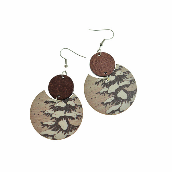Silver Tone Wood Earrings - Forest French Hook Style - 60mm x 60mm - 2 Pieces 1 Pair - ER974