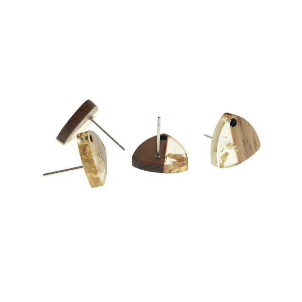 Wood Stainless Steel Earrings - Clear with Gold Flake Resin Triangle Studs - 14mm x 13mm - 2 Pieces 1 Pair - ER674