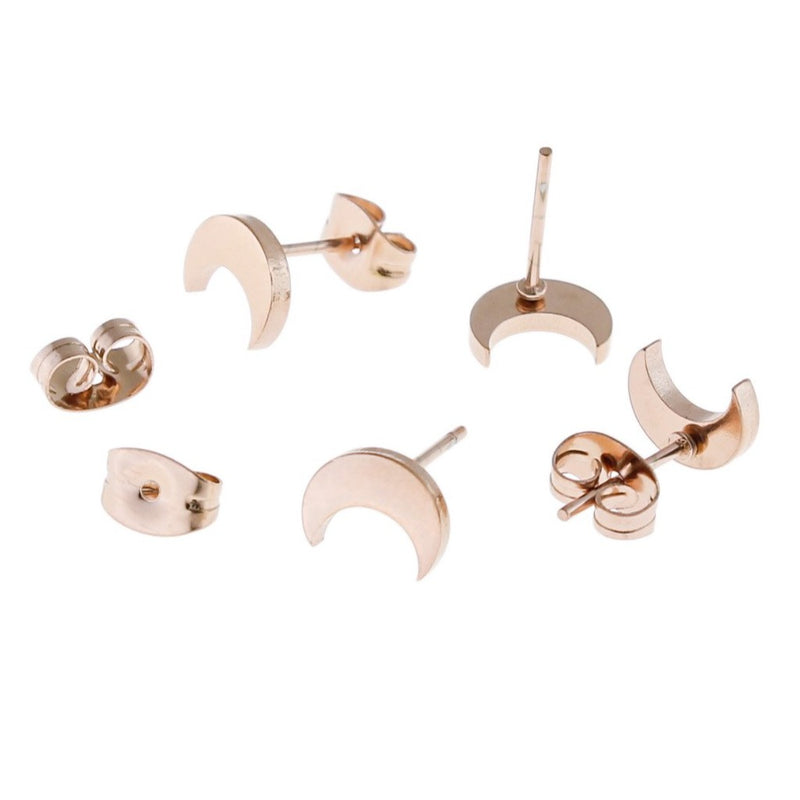 Stainless Steel Earrings - Crescent Moon Studs - 8mm x 3mm - 1 Pair - Choose Your Tone!