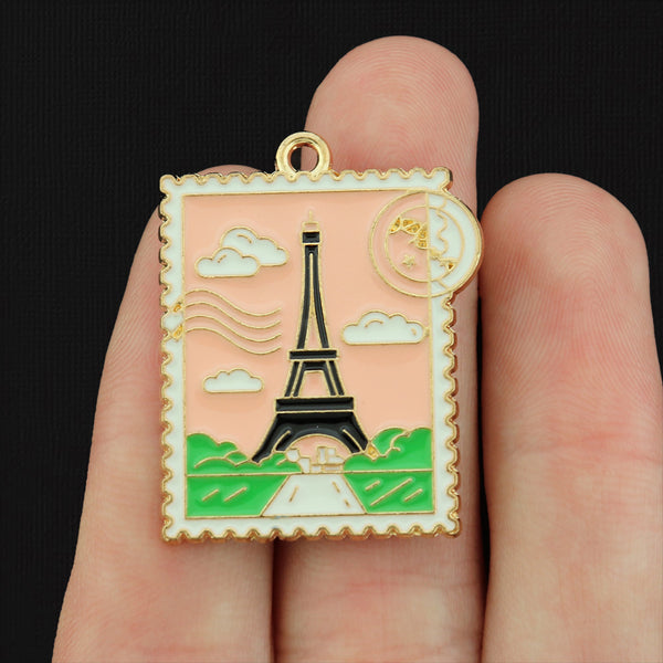 2 Paris Eiffel Tower Stamp Gold Tone Enamel Charms - E236