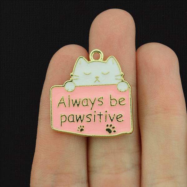 2 Always Be Pawsitive Cat Gold Tone Enamel Charms - E149