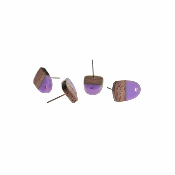 Wood Stainless Steel Earrings - Purple Resin Half Oval Studs - 15mm x 11mm - 2 Pieces 1 Pair - ER644
