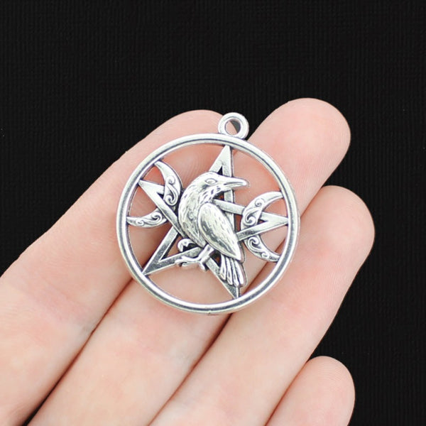 2 Raven Crescent Moon Pentagram Antique Silver Tone Charms - SC1057