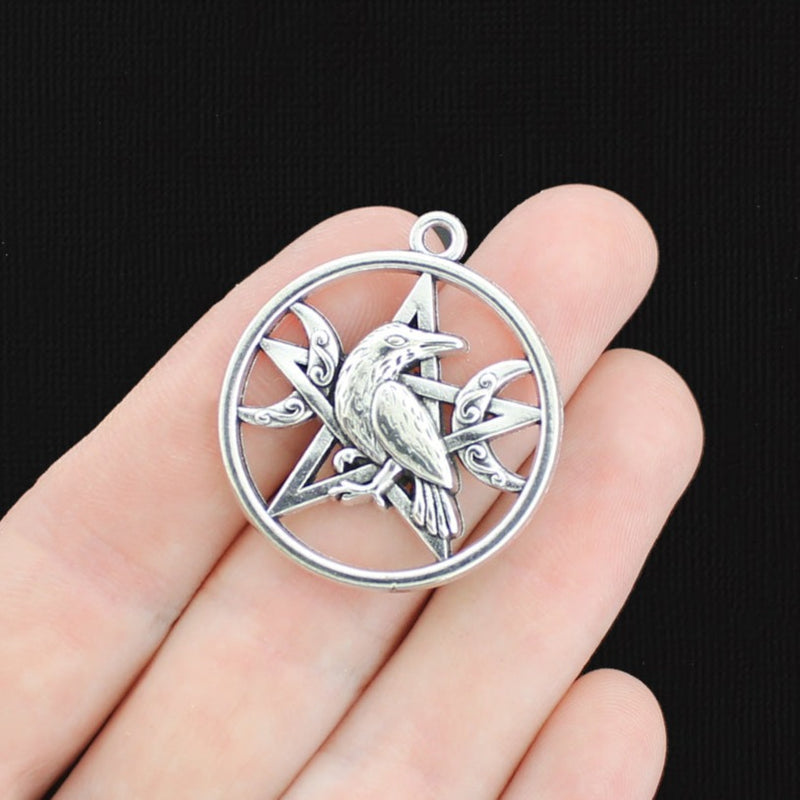 2 Raven Crescent Moon Pentagram Antique Silver Tone Charms - SC1057