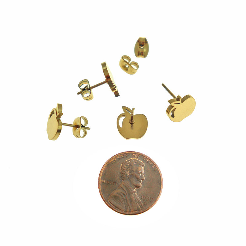 Gold Tone Stainless Steel Earrings - Apple Studs - 10mm x 9mm - 2 Pieces 1 Pair - ER888